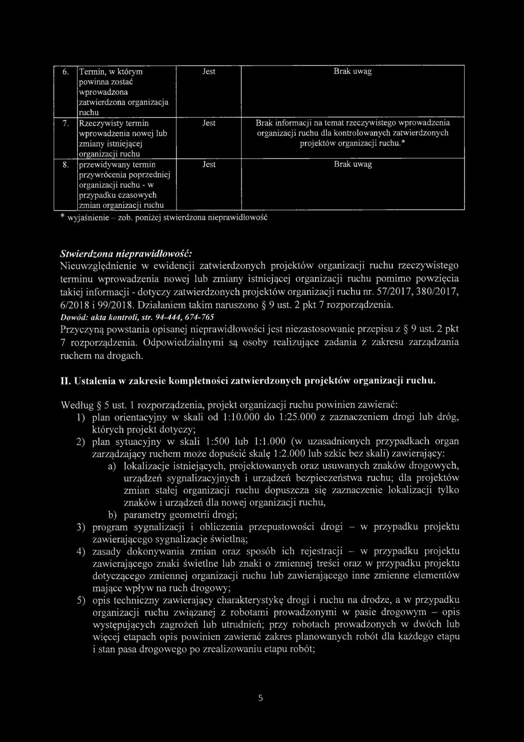 poniżej stwierdzona nieprawidłowość Brak uwag Brak informacji na temat rzeczywistego wprowadzenia organizacji ruchu dla kontrolowanych zatwierdzonych projektów organizacji ruchu.