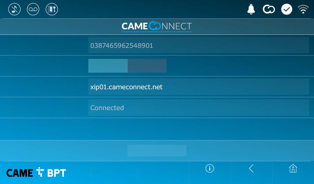 CAME Connect Kod dostępu Włącz połączenie Dostawca usługi internetowej Status Multimedia Kodek audio Kodek wideo Szybkość przesyłania bitów wideo w aplikacji (Kbps) Jednostka aplikacja mobilna 1