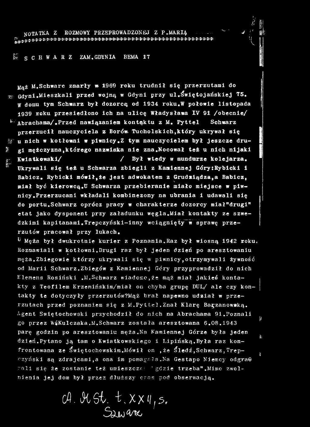 nocował też u nich nijaki Kwiatkowski/ / Był wtedy w mundturze kolejarza. Ukrywali się też u Schwarza zbiegli z Kamiennej GóryjRybicki i Babicz.