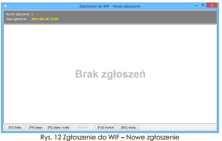 4. Przygotowanie nowego zgłoszenia do WIF Aby dodać nowe zgłoszenie należy w oknie Zgłoszenia do WIF wybrać funkcję F2 Dodaj, za pomocą, której wyświetli się okno Zgłoszenie do WIF Nowe zgłoszenie