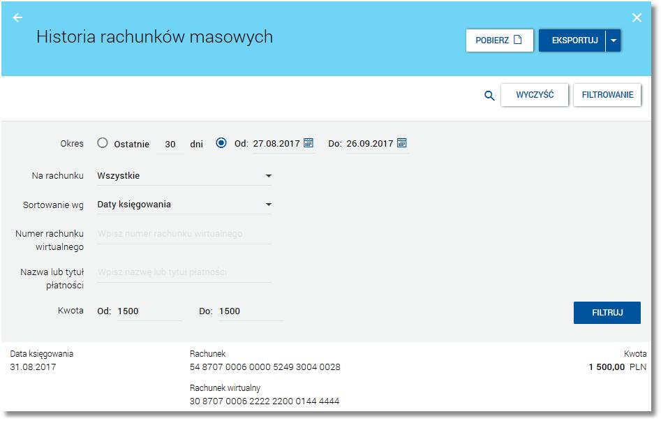 Rozdział 5 Przeglądanie listy rachunków Po wybraniu określonego okresu lub innego filtru i kliknięciu w przycisk [FILTRUJ] dostępne są następujące