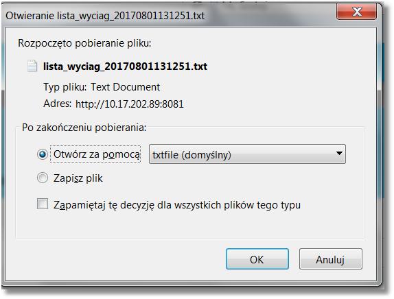 Rozdział 10 Wyciągi z rachunków Po wskazaniu formatu eksportu użytkownik ma możliwość podglądu pobranego pliku lub zapisu pliku we wskazanej lokalizacji.