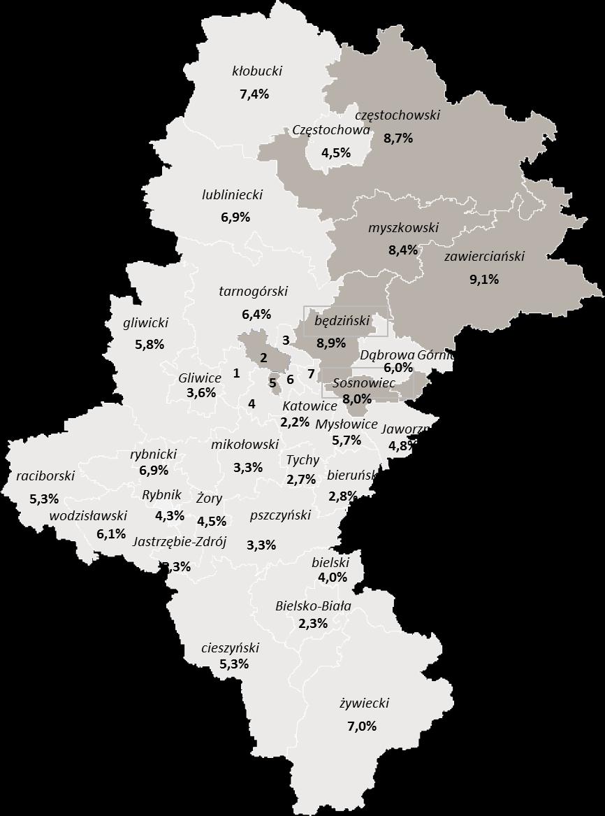 Ruda Śląska 3,9% 5 m. Świętochłowice 8,1% 6 m.