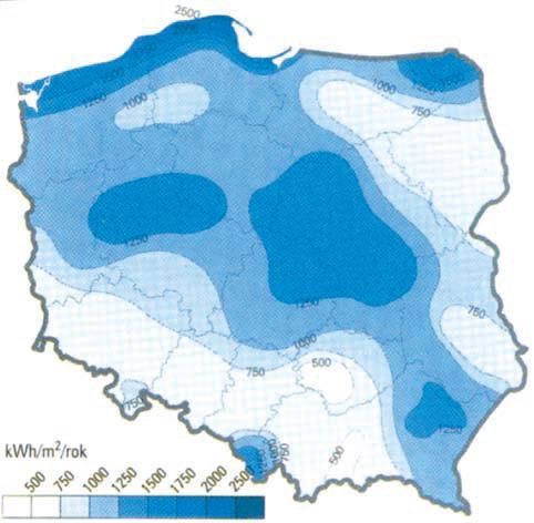 Rysunek 6. Energia wiatru w kwh/m 2 na wysokości 30 m nad poziomem gruntu Źródło: Lewandowski W. M., Proekologiczne odnawialne źródła energii, Wydawnictwa Naukowo Techniczne, 2007 r., s.