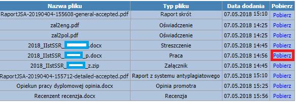 Zebrać odpowiednie podpisy od opiekuna pracy dyplomowej (na opinii i raporcie z JSA) i recenzenta (na recenzji). UWAGA: Student generuje Raport ogólny zaakceptowany.