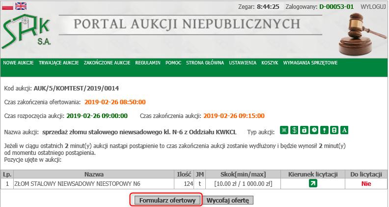 Organizator aukcji dokonuje weryfikacji przesłanych ofert. Po jej zaakceptowaniu w formularzu ofertowym pojawia się wpis w kolumnie Status oferty jako zaakceptowana.