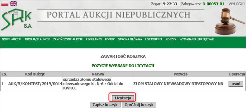 Następnie należy nacisnąć przycisk Licytacja.