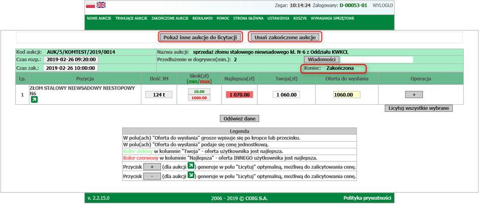 Można skorzystać w widocznego u góry strony przycisku Usuń zakończone aukcje (spowoduje to usunięcie z widoku aukcji, która jest już zakończona) i można dalej licytować w aukcjach, które jeszcze