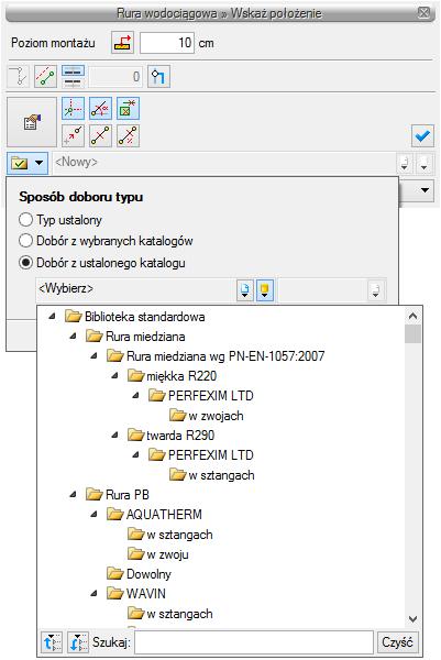 Automatyczny dobór parametrów elementów instalacji wodociągowej Dobór z ustalonego katalogu jest to opcja doboru umożliwiająca ustalenie obiektu tylko z jednego wybranego katalogu, niezależnego od