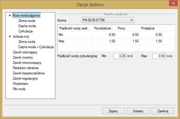 Automatyczny dobór parametrów elementów instalacji wodociągowej 9.4. Ustawianie kryteriów doboru Po wciśnięciu ikony uruchamiane zostaje okno opcji doborów: Rys. 95.