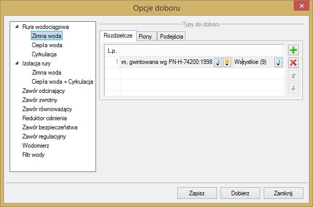 Automatyczny dobór parametrów elementów instalacji wodociągowej Rys. 96. Okno opcji doborów, wybór typów obiektów do doborów Po wyborze danej grupy obiektów (np.