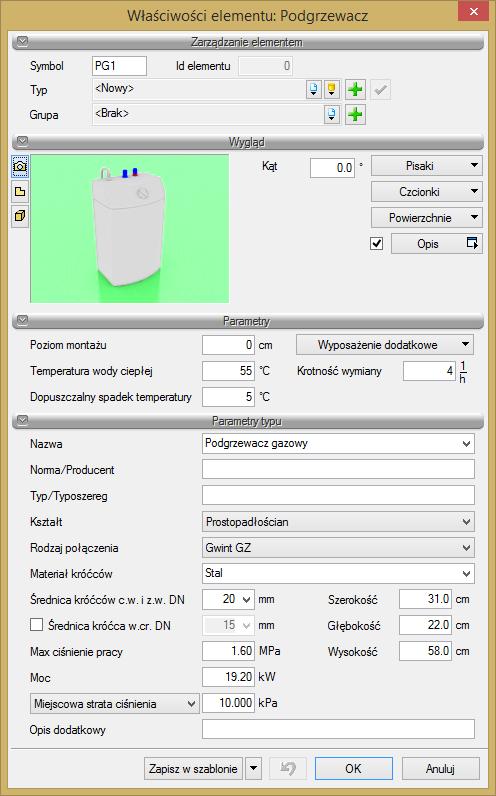 Opis i edycja obiektów Rys. 68. Okno właściwości elementu Podgrzewacz Grupa kontrolek Parametry Temperatura wody ciepłej wartość wpisywana przez użytkownika w podanych obok pola jednostkach.