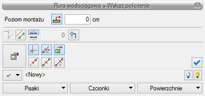 Rurociągi Rys. 70. Okno wstawiania początku poziomej rury wodociągowej Rys. 71. Okno wstawiania końca poziomej rury wodociągowej Ogólne opcje wstawianie przedstawione są w punkcie 5.1. Dodatkową funkcją dostępną dla rurociągów poziomych jest Odsunięcie równoległe.