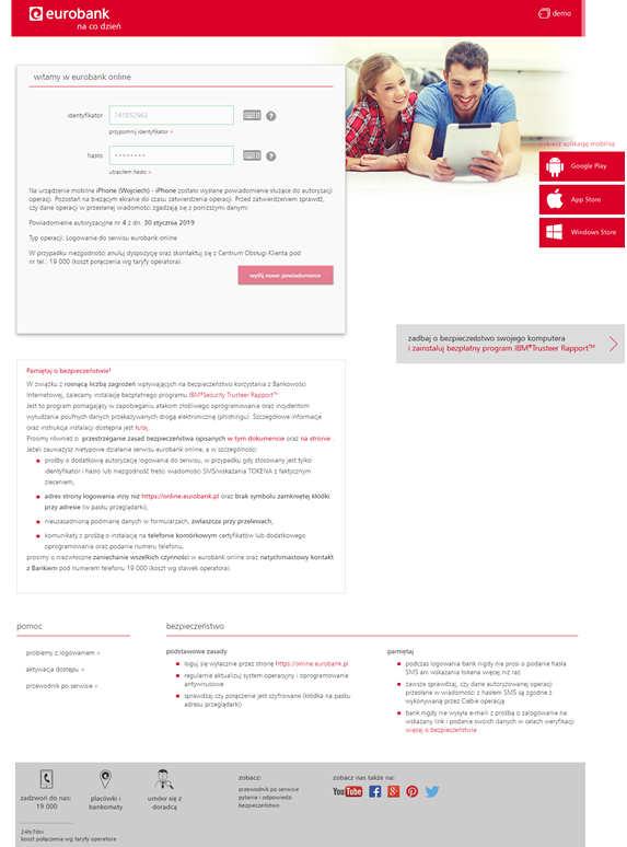 4. Dostępność usług Wersja demonstracyjna serwisu eurobank Online, pozwala na korzystanie z przycisków