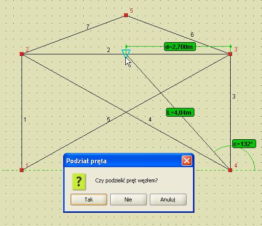 Podstawy Po wybraniu przez użytkownika właściwego punktu przyciągania na pręcie (poza jego węzłami końcowymi), pojawia się dodatkowe pytanie: czy we wskazanej lokalizacji ma nastąpić podział