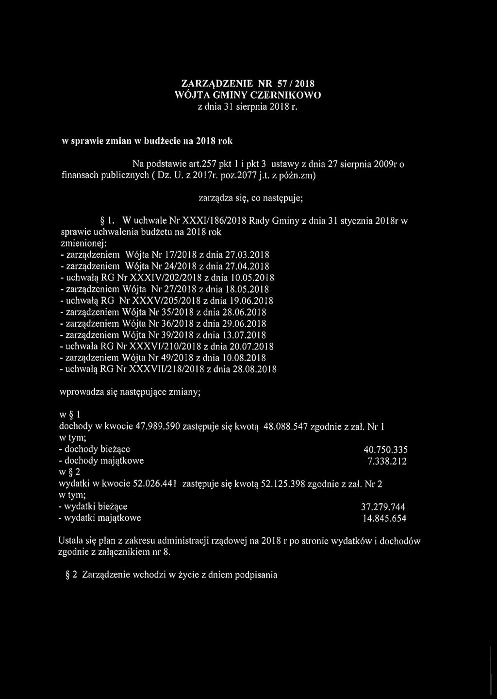 W uchwale Nr XXXI/186/2018 Rady Gminy z dnia 31 stycznia 2018r w sprawie uchwalenia budżetu na 2018 rok zmienionej: - zarządzeniem Wójta Nr 17/2018 z dnia 27.03.