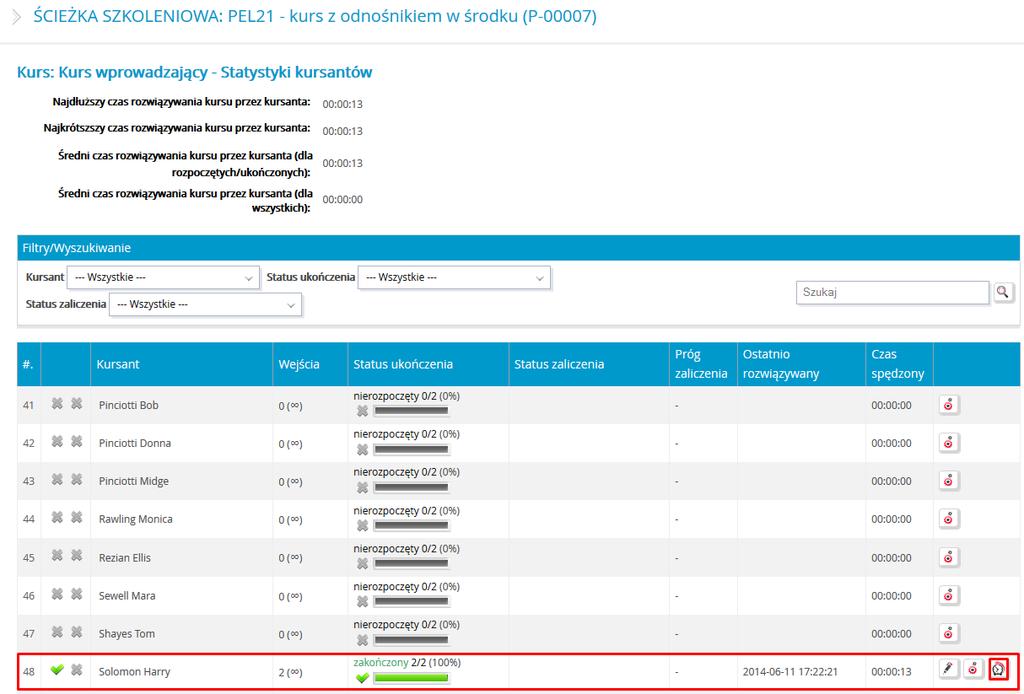 Jeśli któryś z kursantów przystąpił już do szkolenia, możliwe jest sprawdzenie szczegółowych informacji, o aktualnym stanie kursu, klikając na ikonę przy