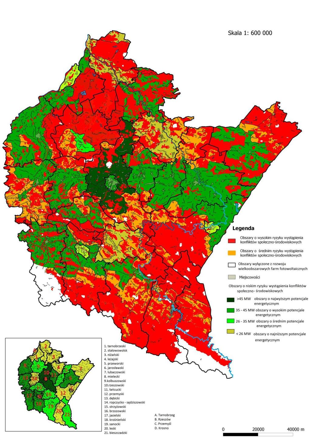Mapa 2 Mapa ograniczeń społeczno-środowiskowych rozwoju energetyki słonecznej w poszczególnych powiatach