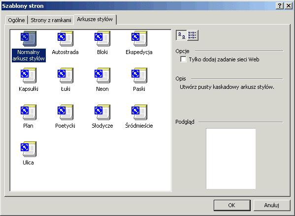 80 MS FrontPage 2002/XP PL. Ćwiczenia praktyczne Rysunek 3.2. Nowy arkusz stylów Przy formatowaniu kroju czcionki możemy zadeklarować kilka wartości, rozdzielając je przecinkami.