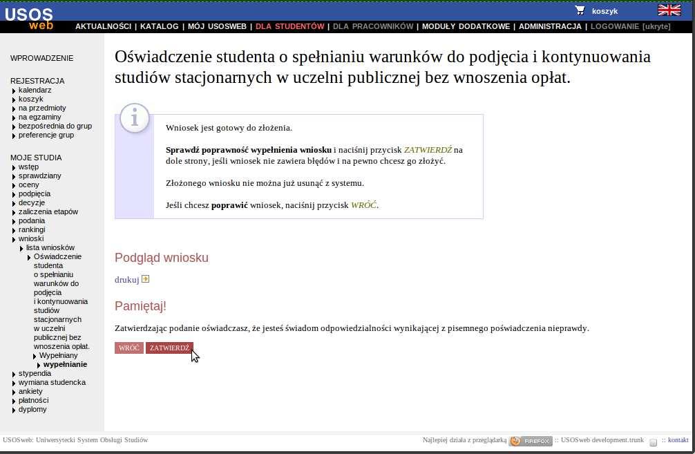 Kolejny ekran (por. Rysunek 4) zawiera przycisk ZATWIERDŹ pozwalający na ostateczne zatwierdzenie danych do oświadczenia.