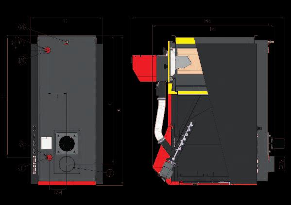 Zasobnik paliwa, z którego pelet transportowany jest do palnika za pomocą przenośnika ślimakowego znajduje się w górnej części na korpusie kotła.