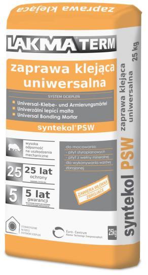 SYNTEKOL PSW zaprawa klejąca do mocowania płyt izolacyjnych oraz wykonywania warstwy zbrojącej SYNTEKOL PSW jest szarą, wysokowartościową, wzbogaconą sztucznymi żywicami i mikrowłóknami, fabrycznie