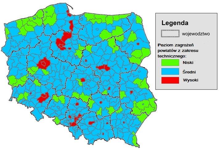 Rys. 1. Mapa zagrożeń powiatów dla poziomu podstawowego ratownictwa technicznego.