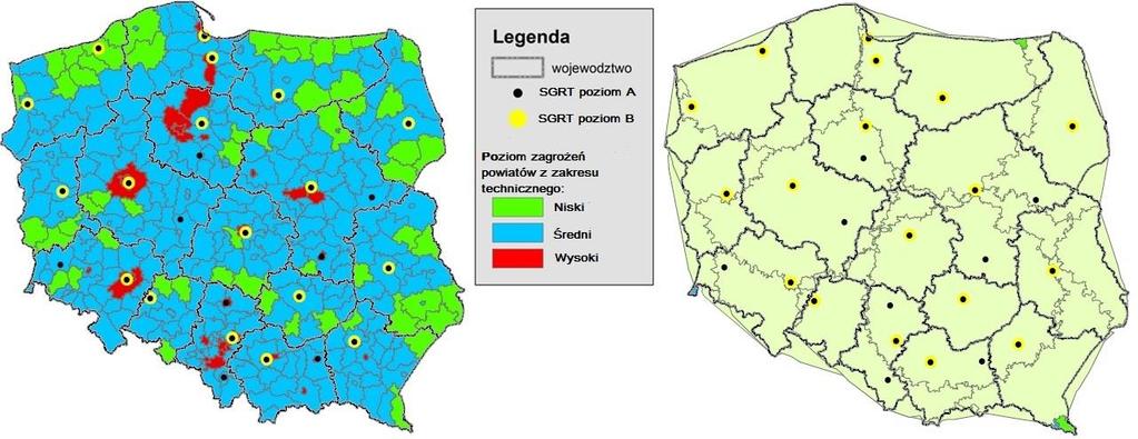 Rys. 4. Mapa zagrożeń powiatów oraz obszary chronione przez Specjalistyczne Grupy Ratownictwa Technicznego (SGRT) poziomu B po czasie 240 minut.