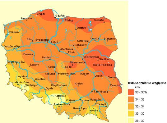 Rysunek 7. Usłonecznienie względne na terenie Polski Źródło: http://maps.igipz.pan.