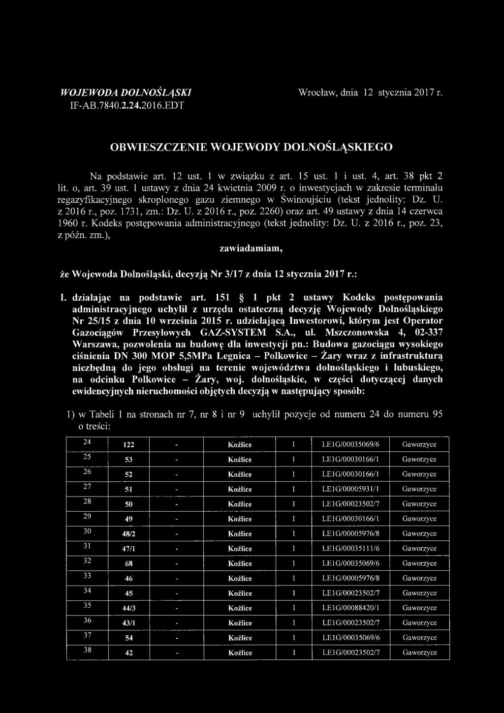 1731, zm.: Dz. U. z 2016 r., poz. 2260) oraz art. 49 ustawy z dnia 14 czerwca 1960 r. Kodeks postępowania administracyjnego (tekst jednolity: Dz. U. z 2016 r., poz. 23, z późn. zm.), zawiadamiam, że Wojewoda Dolnośląski, decyzją Nr 3/17 z dnia 12 stycznia 2017 r.