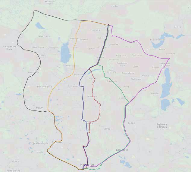 lotniczego 27 natomiast przebieg z przysta kolejowej i tramwajowej. ej Lotnisko Centrum Katowic Rys. 2. Trasy m wariantom W tablicach 1 i 2 przedstawiono trasy przebiegów dla poszczególnych wariantów.