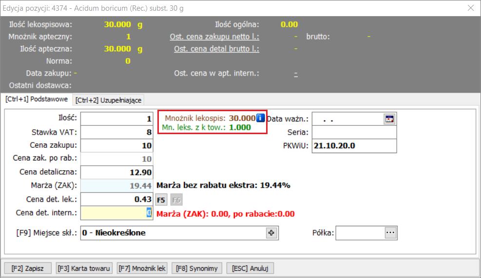 3. Przyjęcie na magazyn z zastosowaniem mnożnika lekospisowego (albo w oknie dostawy, albo na karcie towaru jednostka lekospisowa: g, mnożnik lekospisowy: 30, jednostka apteczna: g, mnożnik apteczny: