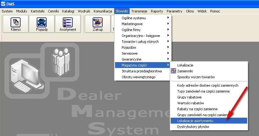 Krok 2 Słownik lokalizacji asortymentu Aby zobaczyć wszystkie zdefiniowane domyślne powiązanie naleŝy wejść w Słownik lokalizacji asortymentu z menu głównego systemu DMS wybrać Słowniki => Magazynu