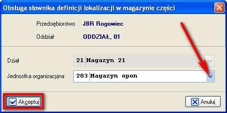 Fragment okna głównego systemu DMS Ekran 6. Okno wyboru magazynu Zostanie otwarte okno obsługi Słownika Lokalizacji Asortymentu (Ekran 7).