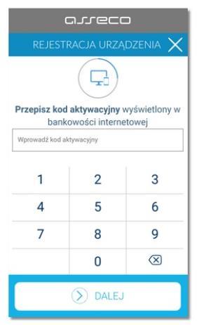 Następnie należy podać poprawny kod aktywacyjny wygenerowany w systemie bankowości