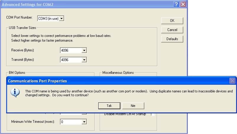 W przypadku gdy wybrany port jest już zajęty przez inne urządzenie pojawi się następujący komunikat: W przypadku gdy dany port jest pożądanym wciskamy Tak. 5.