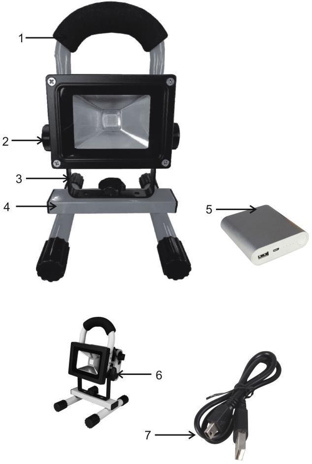 Obsługa OPIS 1 Uchwyt 2 Śruba zabezpieczająca 3 Uchwyt U 4 Dolna rama oporowa 5 Akumulator 6 Wyłącznik 7 Ładowarka USB 8 Ładowarka 230 V ŁADOWANIE AKUMULATORA Lampa jest dostarczana jako
