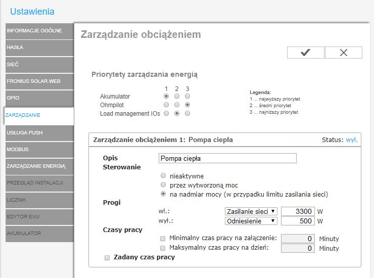 Rys. 4: Ustawienia zarządzania obciążeniem Smart Grid w interfejsie webowym Datamanager 2.
