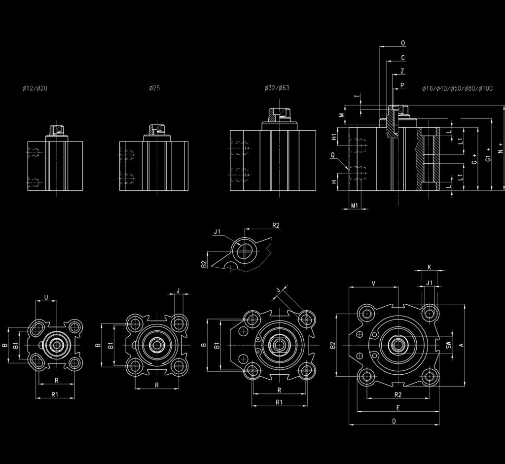 > Siłowniki serii QP-QPR KATALOG > Wydanie 8.7 Siłowniki krótkoskokowe serii QP Uwaga: Zatrzymanie mechaniczne przed końcem skoku powinno być realizowane przez zewnętrzny element.