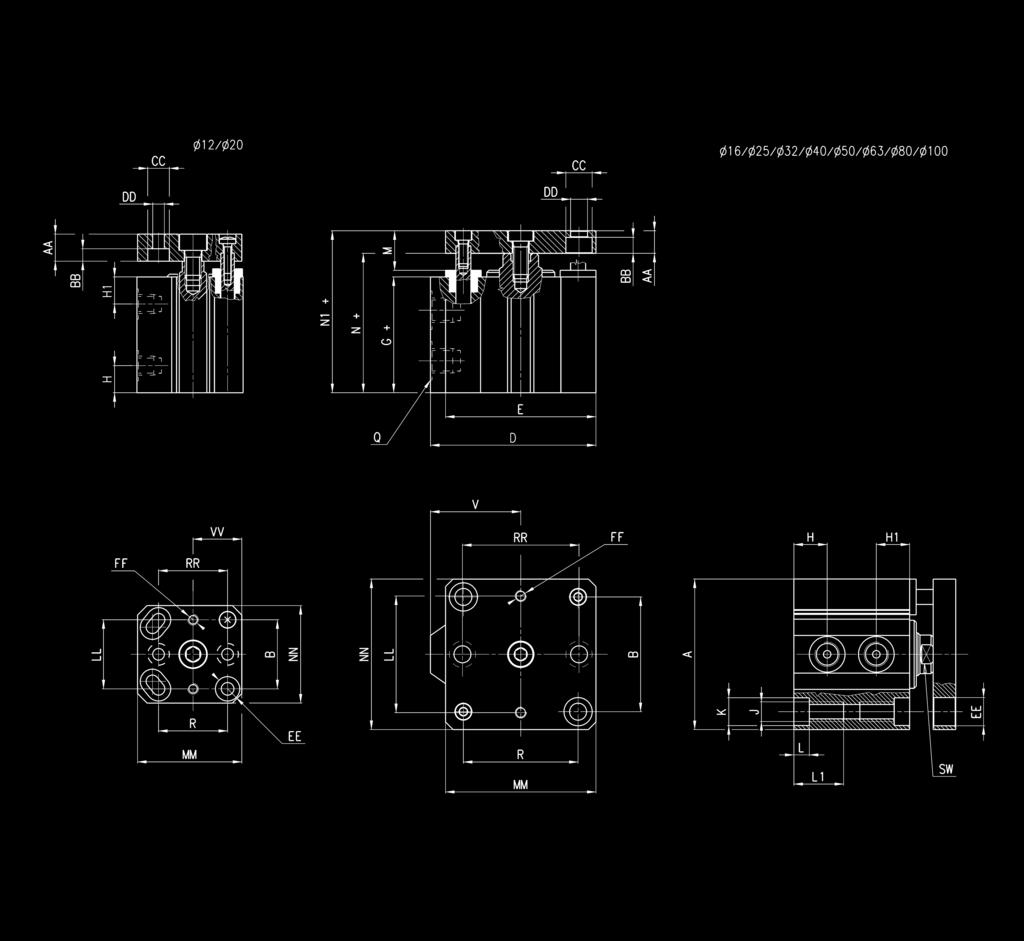 > Siłowniki serii QP-QPR KATALOG > Wydanie 8.7 Siłownik krótkoskokowy serii QPR Uwaga: Zatrzymanie mechaniczne przed końcem skoku powinno być realizowane przez zewnętrzny element.