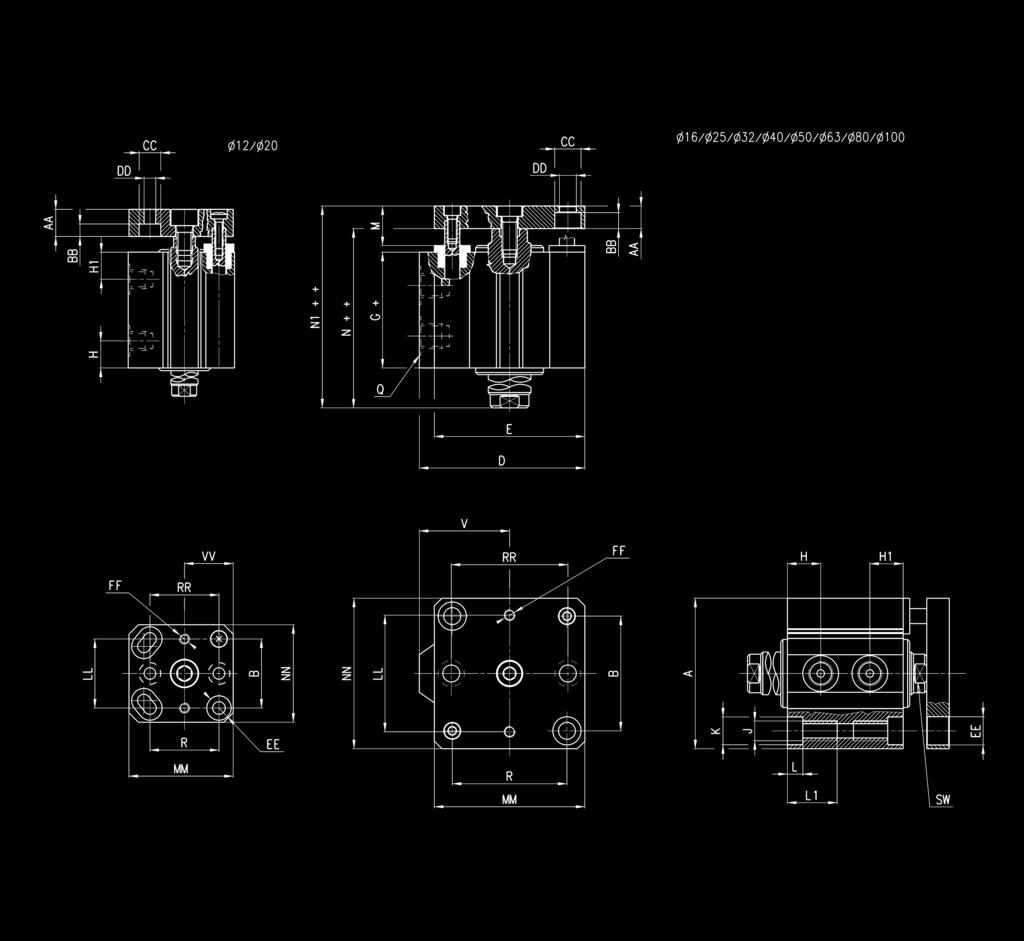 KATALOG > Wydanie 8.7 > Siłowniki serii QP-QPR Siłownik krótkoskokowy serii QPR tłoczysko obustronne Uwaga: Zatrzymanie mechaniczne przed końcem skoku powinno być realizowane przez zewnętrzny element.