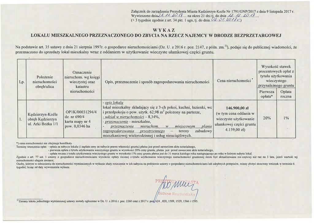 Załącznik do zarządzenia Pre'9;'denta Miasta Nr 179 JlGNP/20 17 z dnia 9 listopada 2017 r. Wywieszono dnia.t.tll..l.&2.h... na okres 21 dni ~ do dnia "a.,.,!,?,..<.i/.d.l:.