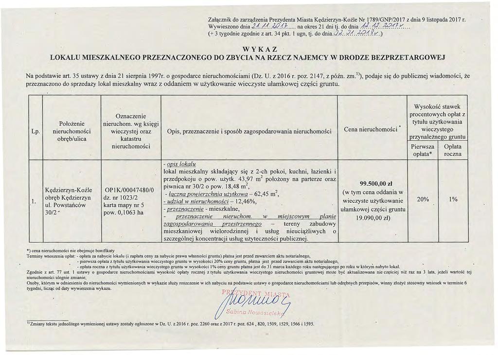 Załącznik do zarząd~nia Prezydenta Miasta Nr l 789/GNP/20 17 z dnia 9 listopada 2017 r. Wywieszono dnia J.l.!..,f....?/.?d.1:... na okres 21 dni lj. do dnia.f4:. 14.:.!??{1.!;'.