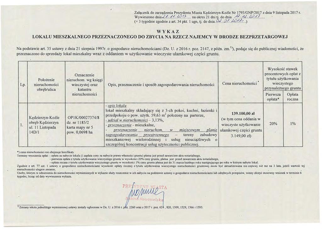 Załącznik do zarządzenia Pr.u5:denta Miasta Kędzierzyn-Kożle Nr l793/gnp120l7 z dnia 9 listopada 2017 r. Wywieszono dnia2,f.,/{... :f.t... na okres 21 dni ~ do dnia./..?,,{-??.?.-1.l:.