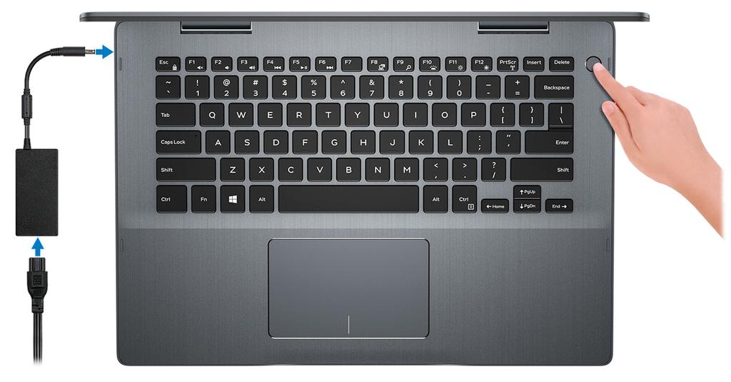 Skonfiguruj komputer Inspiron 5482 1 1 Podłącz zasilacz i naciśnij przycisk zasilania. UWAGA: W celu zmniejszenia zużycia elektryczności akumulator może przejść w tryb oszczędzania energii.
