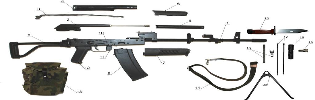 5 rura gazowa; 6 nakładka; 7 łoże; 8 kolba z osadą; 9 magazynek; 10 bezpiecznik; 11 zatrzask magazynka; 12 rękojeść; 13 torba na magazynki; 14 pas do broni strzeleckiej; 15 bagnet; 16 łódka z