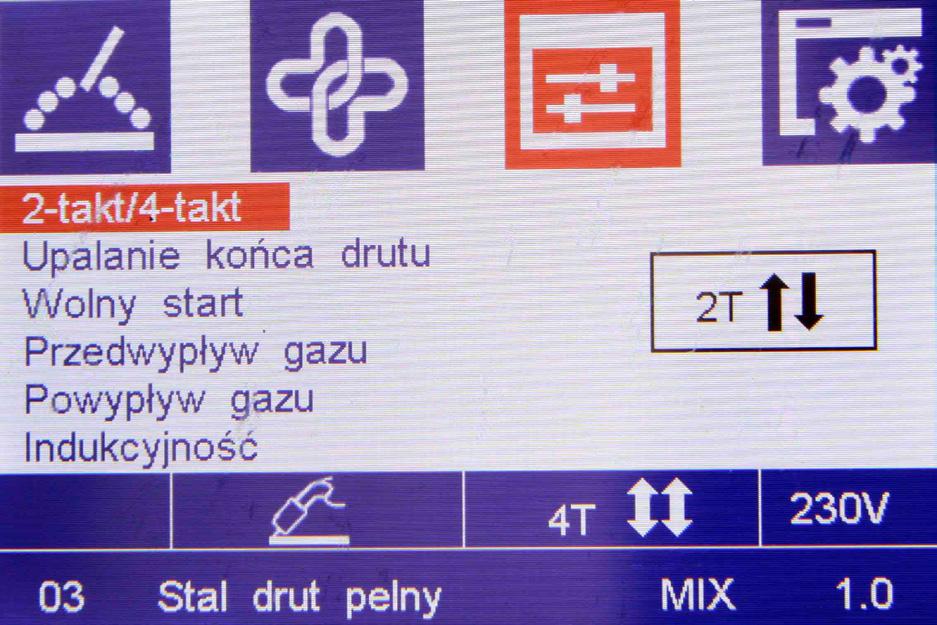 WYBÓR POMOCNICZYCH PARAMETRÓW SPAWANIA (ikona 3) Obróć pokrętło A4 i następnie wciśnij pokrętło A6, żeby uzyskać dostęp do ustawień parametrów pomocniczych.