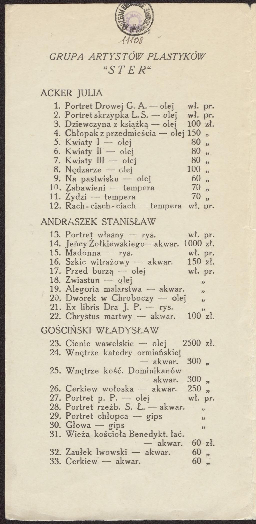 GRUPA ARTYSTÓW PLASTYKÓW STE R ACKER JULIA 1. Portret Drowej G. A. olej 2. Portret skrzypka L. S. olej 3. Dziewczyna z książką olej 100 zł. 4. Chłopak z przedmieścia olej 150 5. Kwiaty 1 olej 80 6.