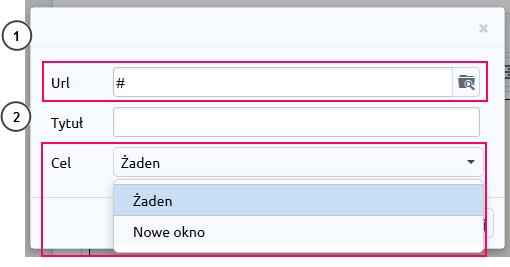 10. W wyświetlonym okienku edycyjnym możesz ustawić adres url (1) na który będzie przekierowany użytkownik, po kliknięciu w baner.