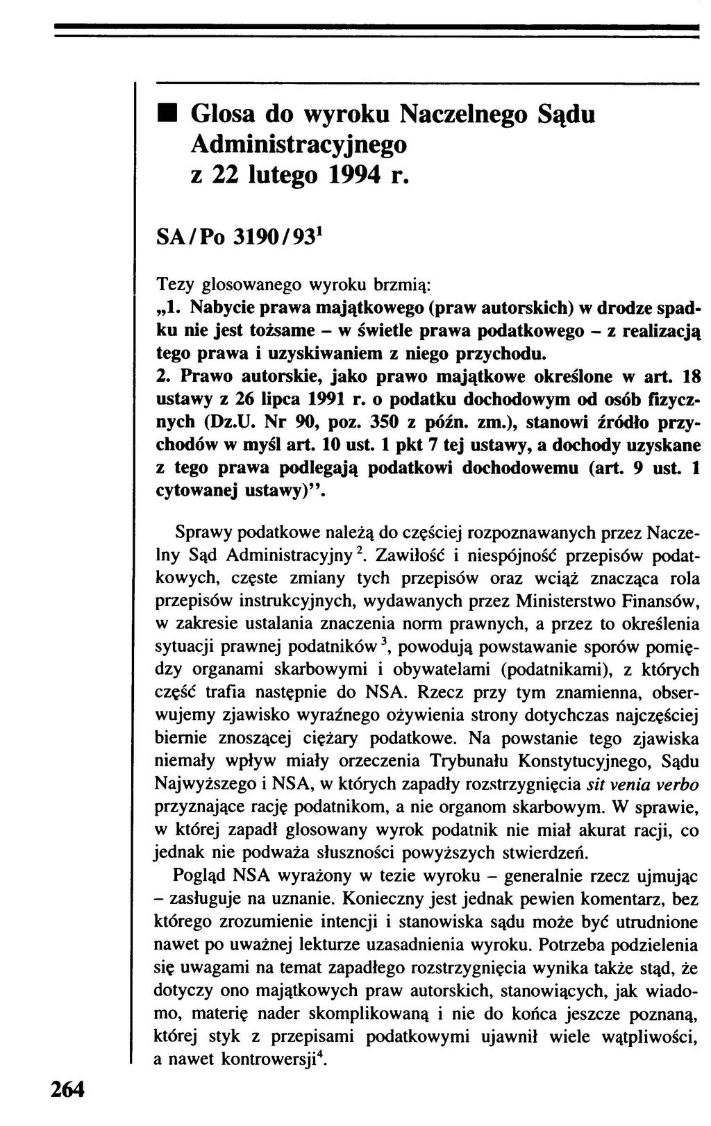 Glosa do wyroku Naczelnego Sądu A dm inistracyjnego z 22 lutego 1994 r.